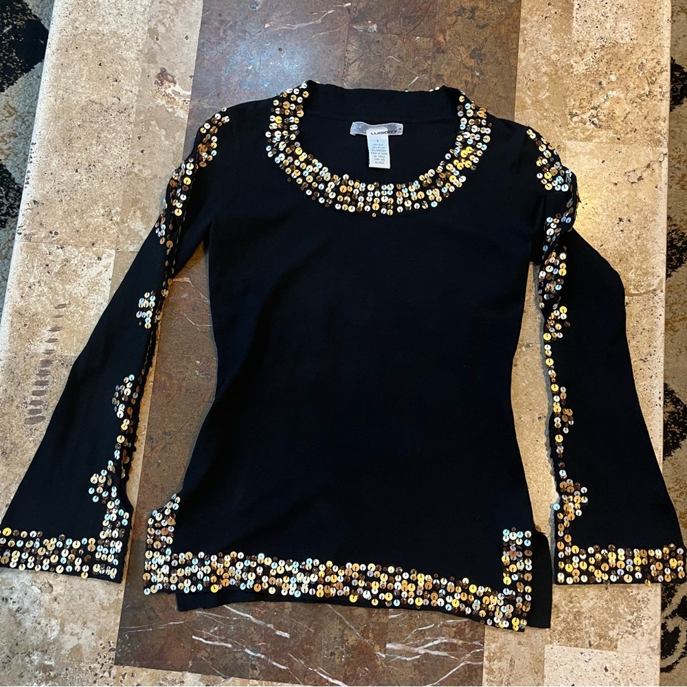 WOMEN’S SZ S LUCIDITY BLACK STRETCH SILK WITH METALLIC SEQUINS SWEATER